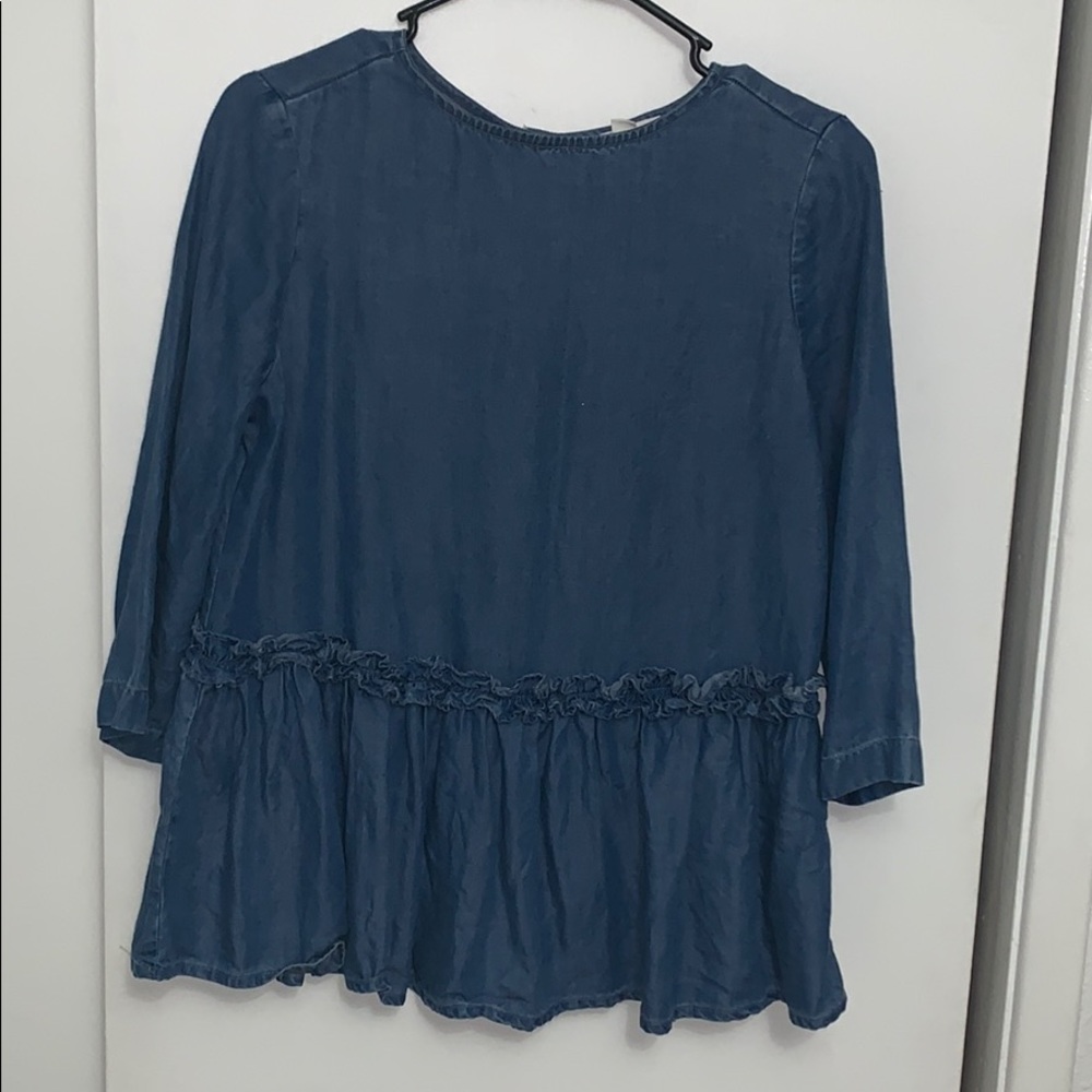 Modest denim blouse bottom down back